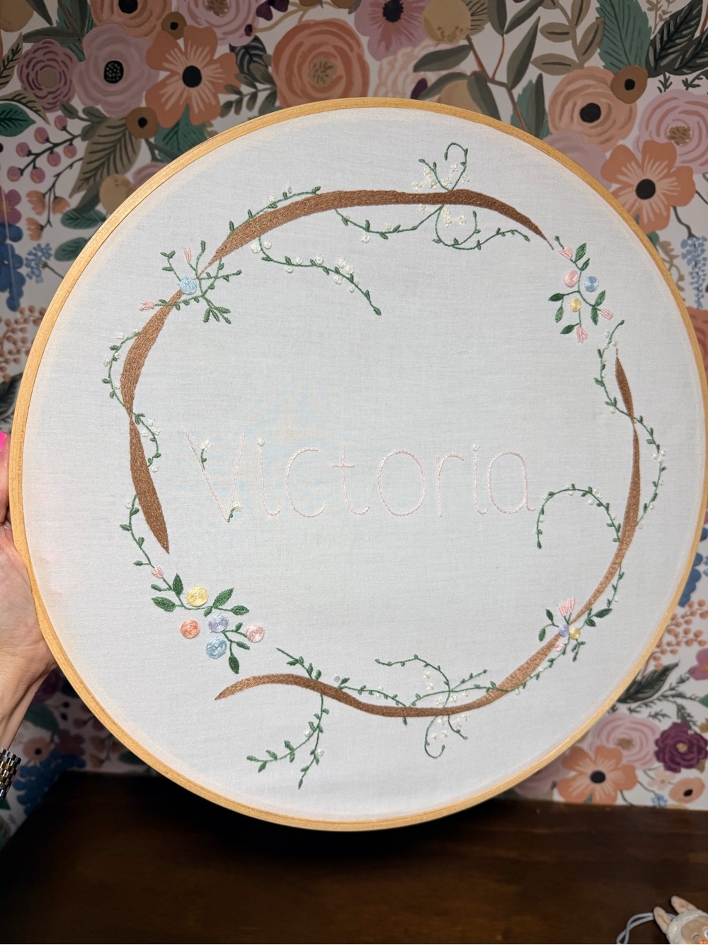 Embroidered Floral Hoop Art with 'Victoria'